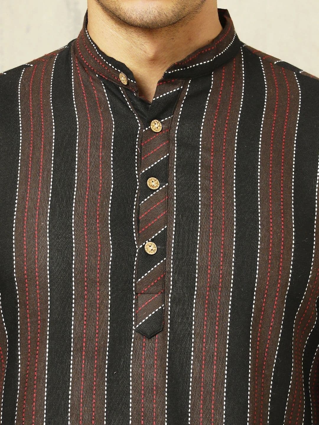 Anouk Woven Design Striped Cotton Handloom Mandarin Collar Short Kurta thumbnail 2