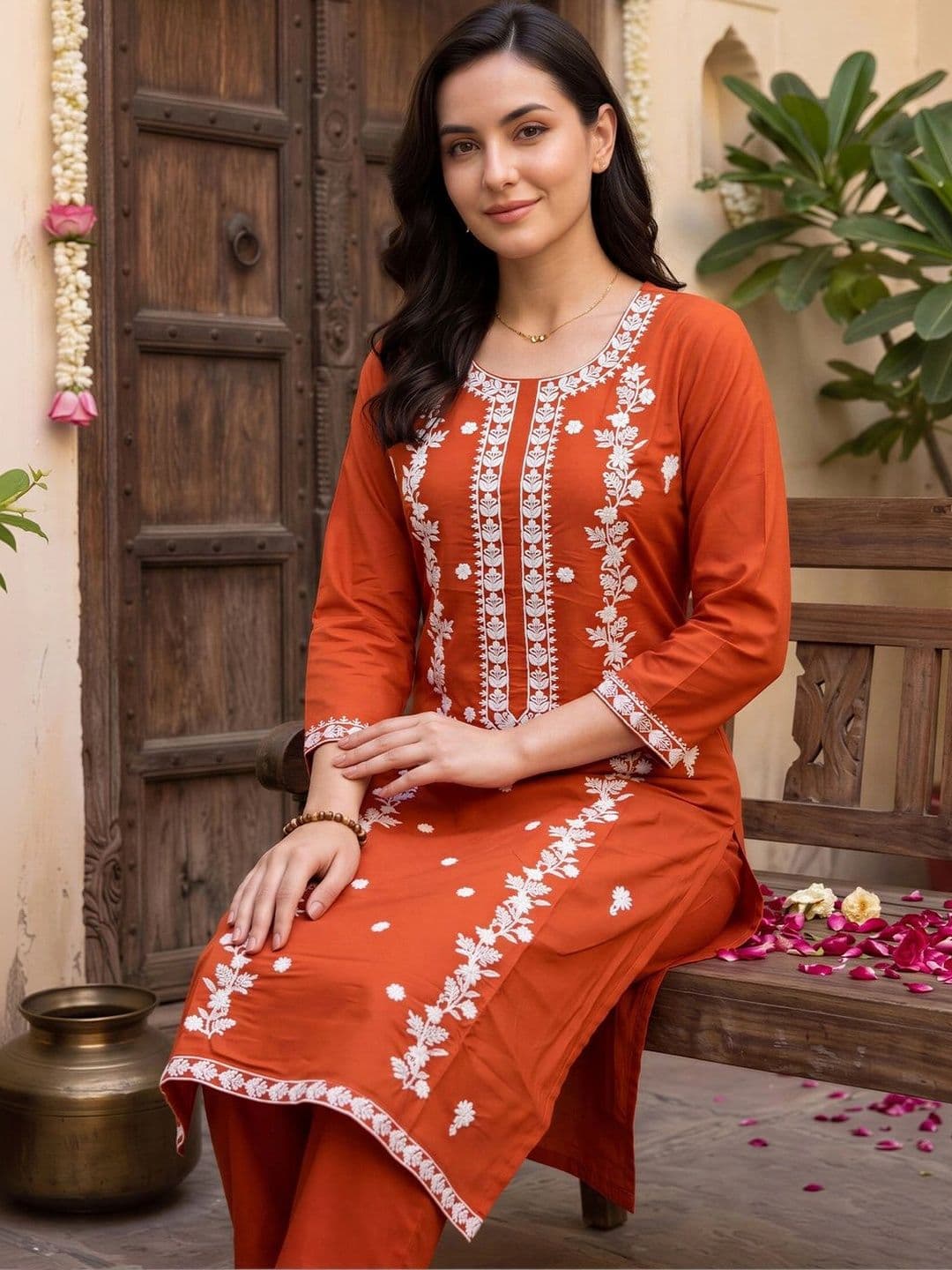 Indo Era Women Ethnic Motifs Embroidered Regular Thread Work Kurta with Trousers thumbnail 4