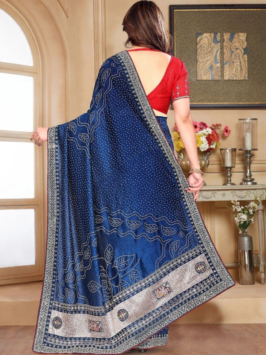 SmileyFashion Bandhani Embroidered Art Silk Designer Saree thumbnail 3