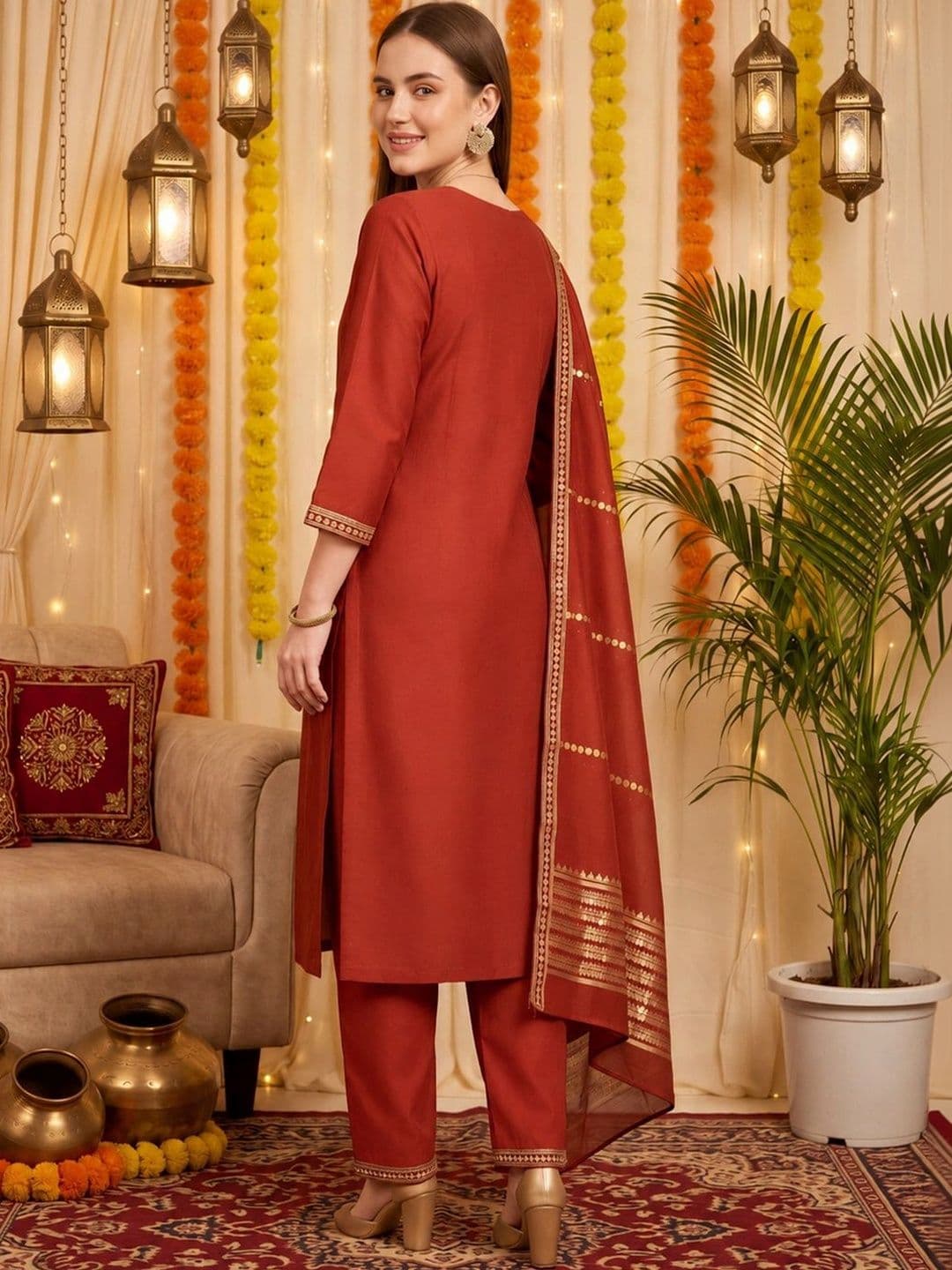 Indo Era Women Ethnic Motifs Embroidered Regular Kurta with Trousers & With Dupatta thumbnail 6