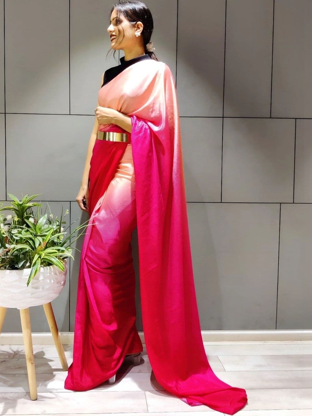 Sangria Ombre Poly Chiffon Belted Maheshwari Saree thumbnail 5