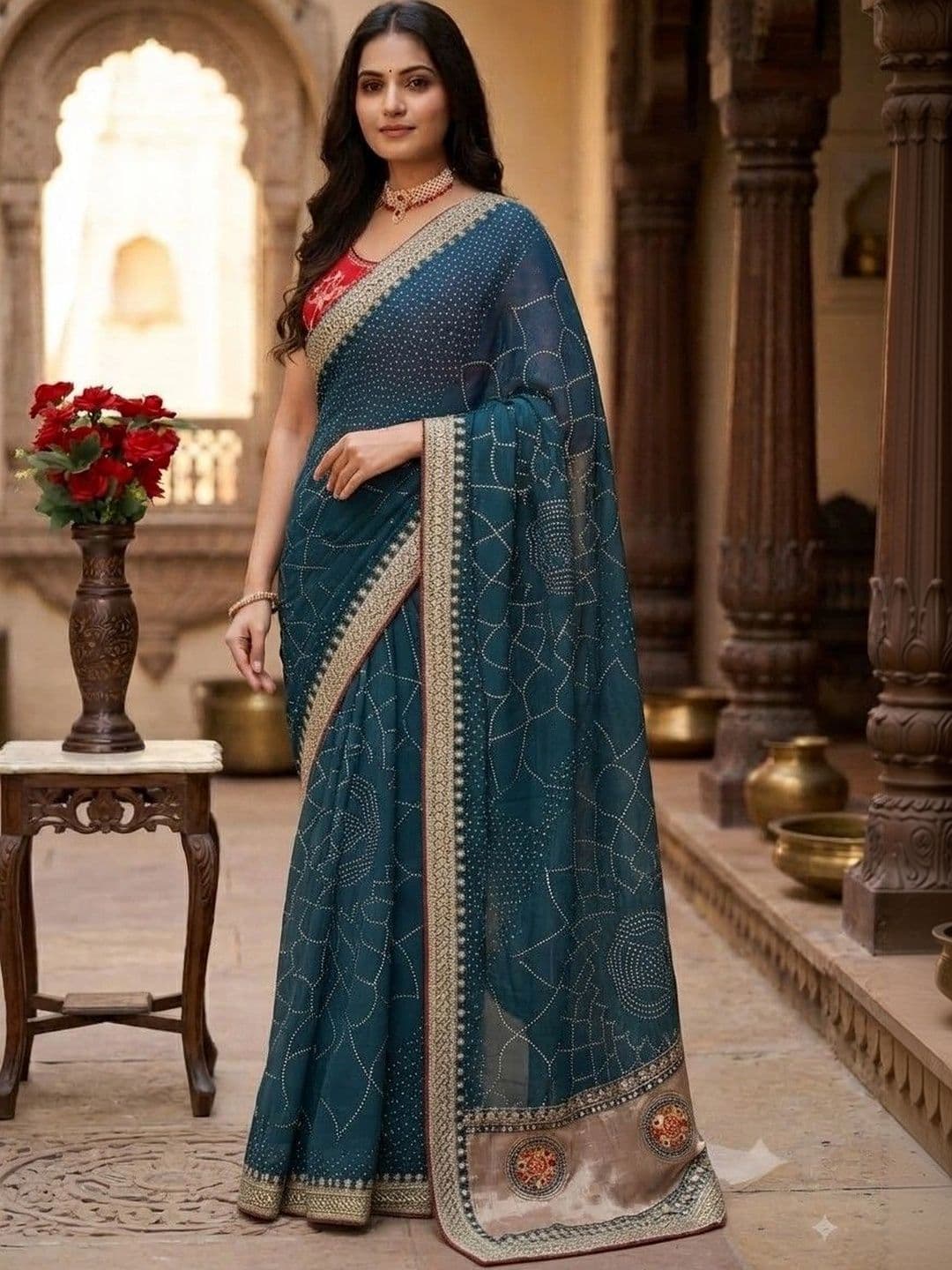SmileyFashion Bandhani Embroidered Art Silk Designer Saree - view 1