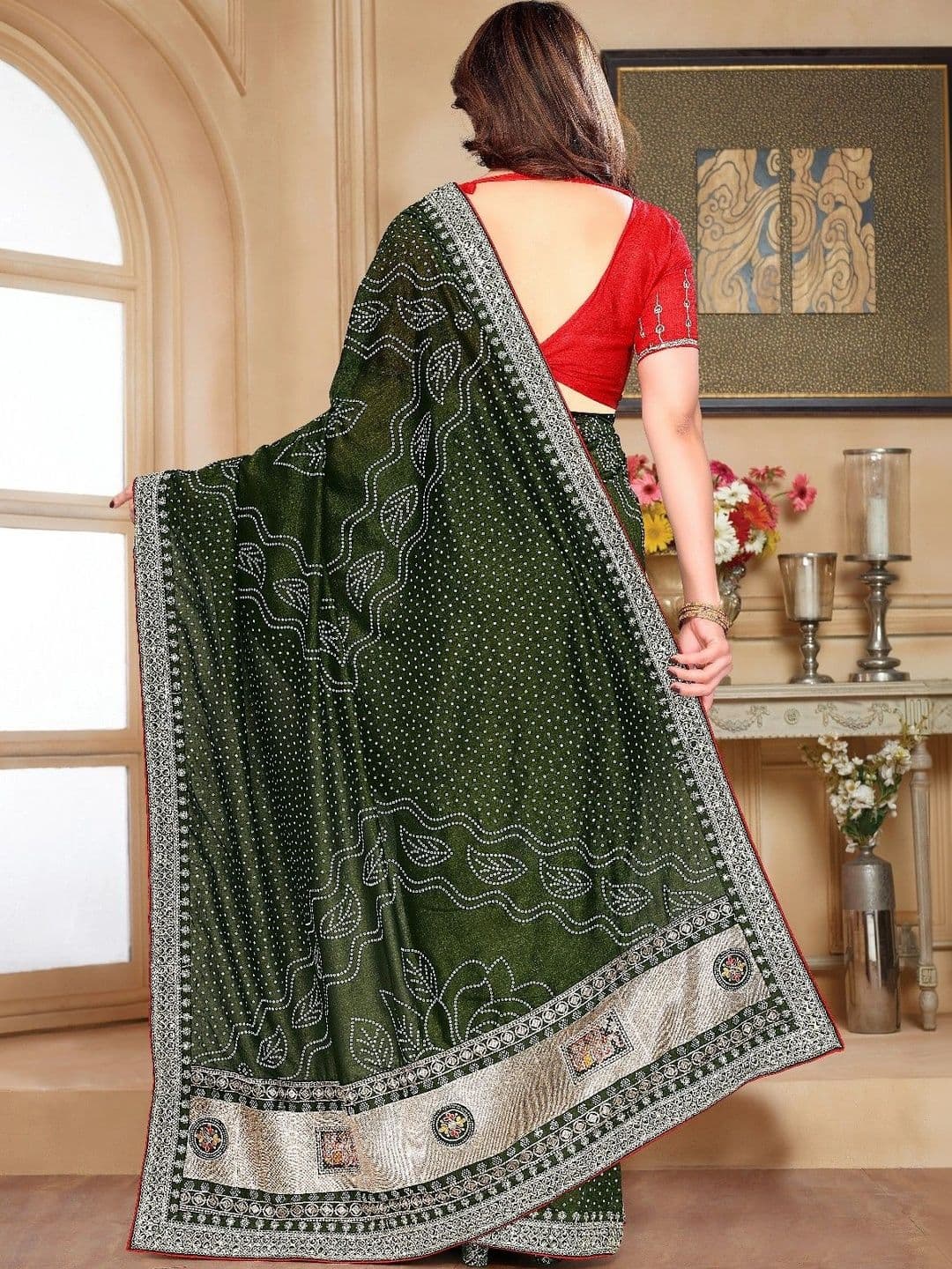 SmileyFashion Bandhani Embroidered Art Silk Designer Saree thumbnail 5