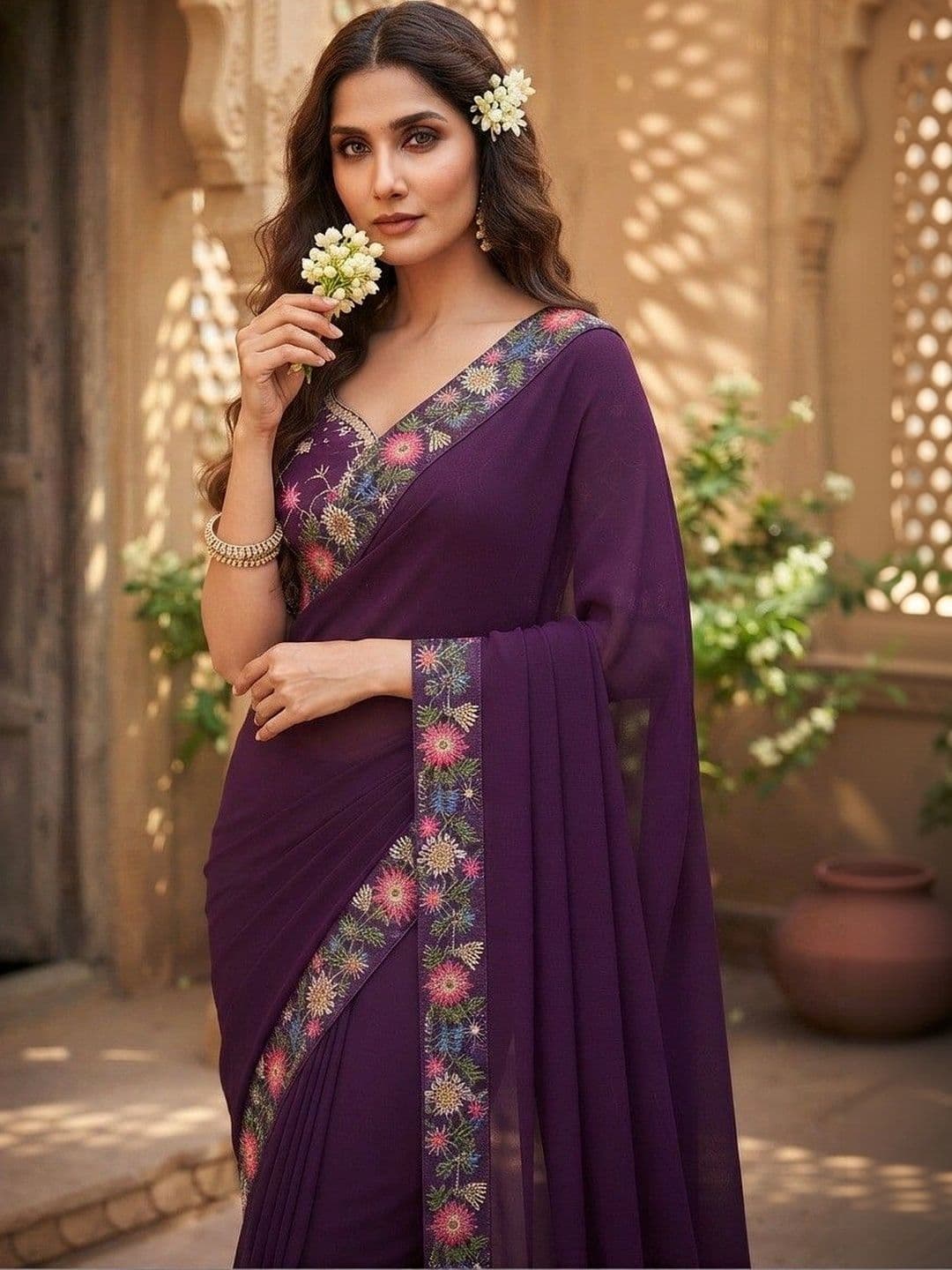 SmileyFashion Floral Embroidered Art Silk Saree thumbnail 2