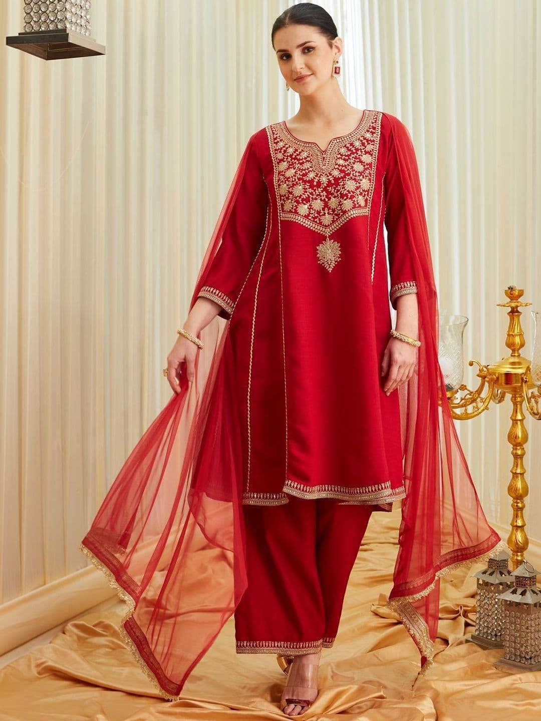 Colors  of Earth Colors of Earth Silk Embroidered Anarkali Kurta And Palazzo Set With Dupatta - view 1