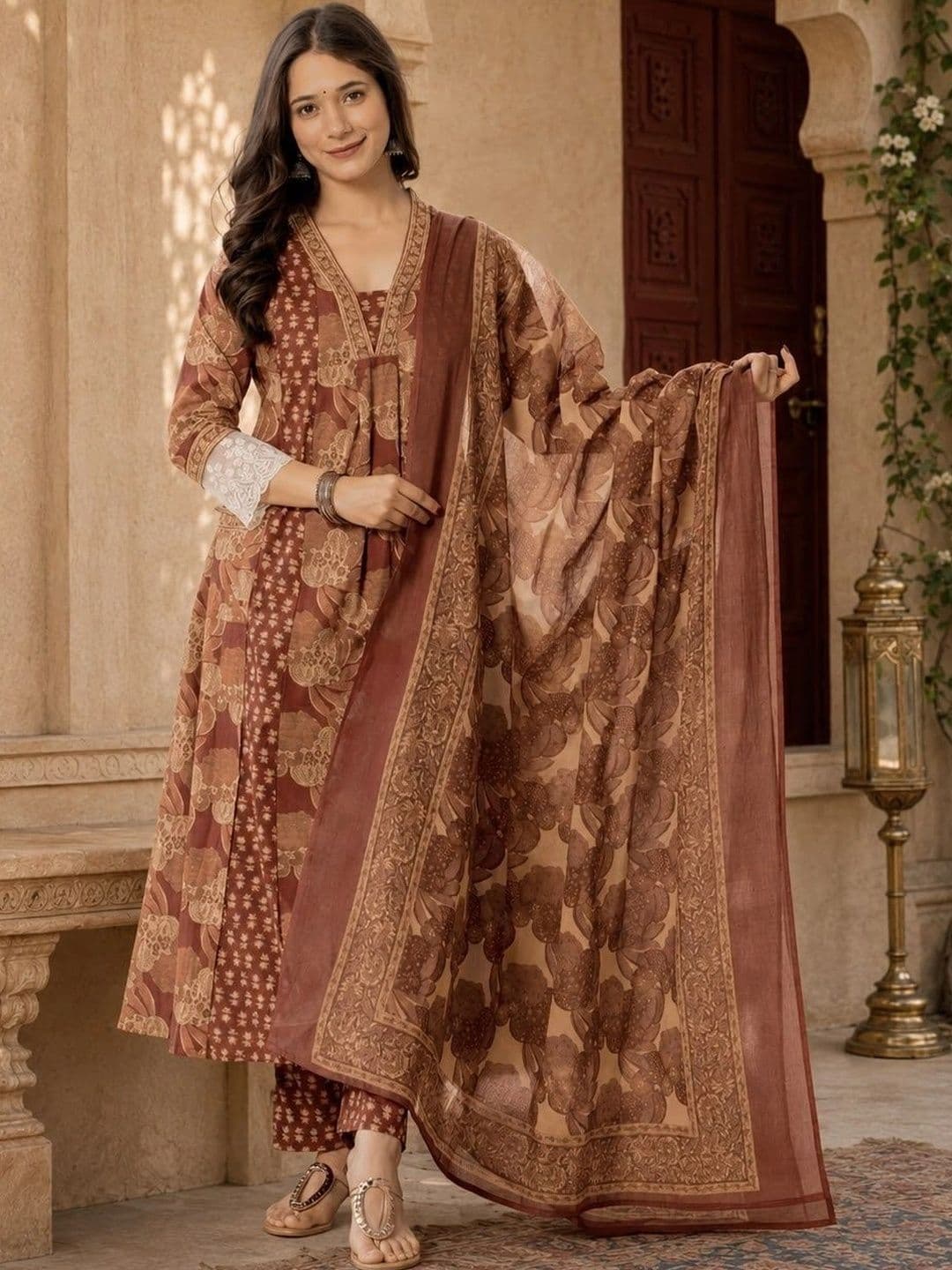 Sangria Women Floral Printed Empire Pure Cotton Kurta with Trousers & With Dupatta - view 1