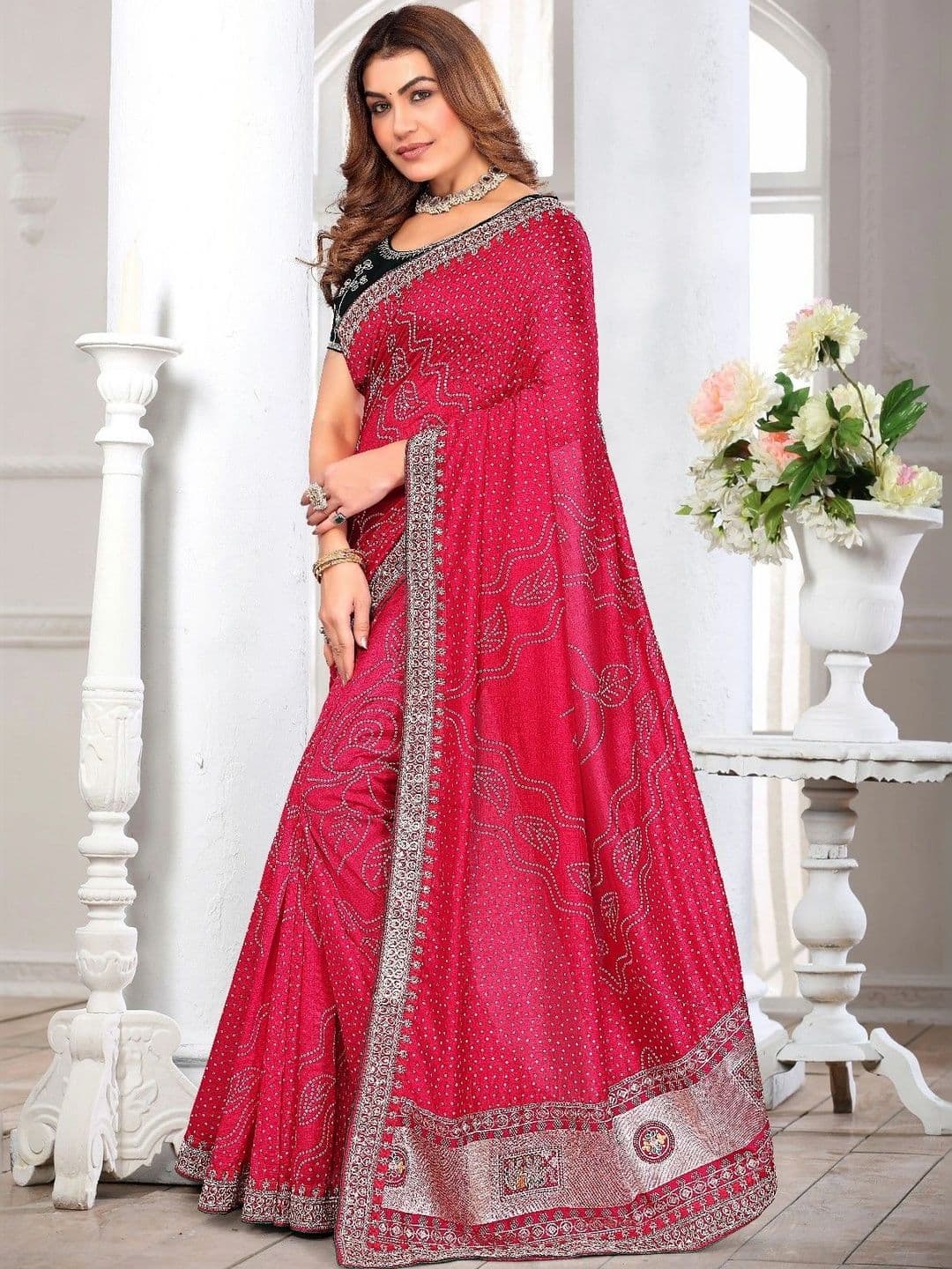 SmileyFashion Bandhani Embroidered Art Silk Designer Saree thumbnail 4
