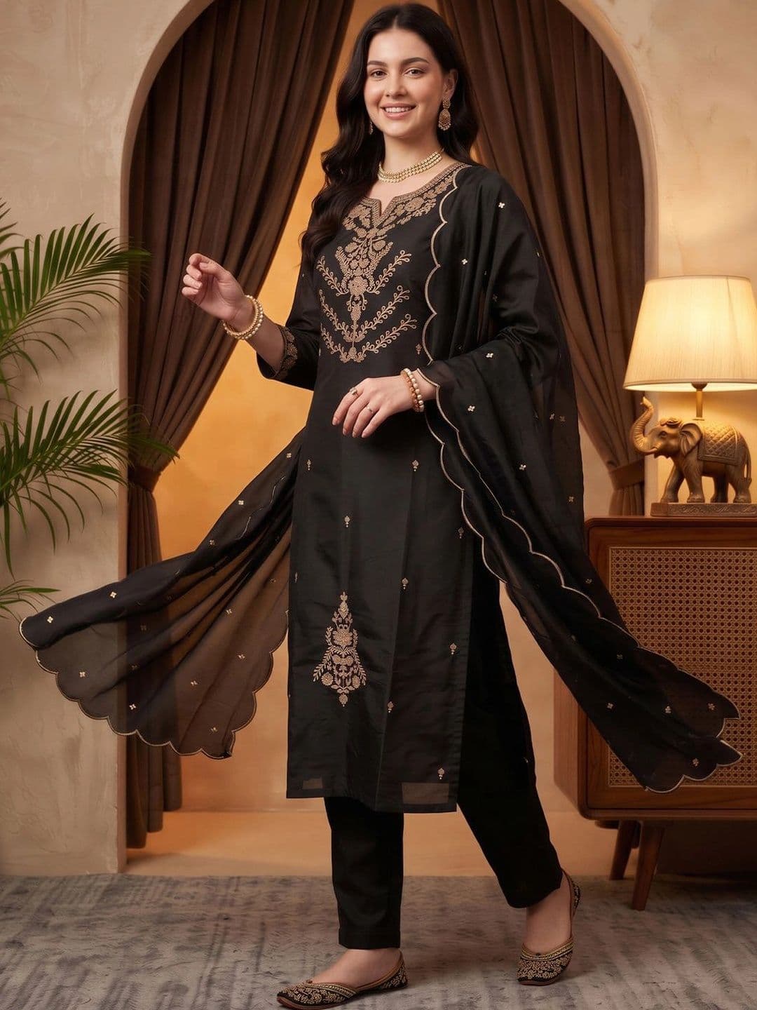 Indo Era Women Ethnic Motifs Embroidered Regular Thread Work Kurta with Trousers & With Dupatta - view 1