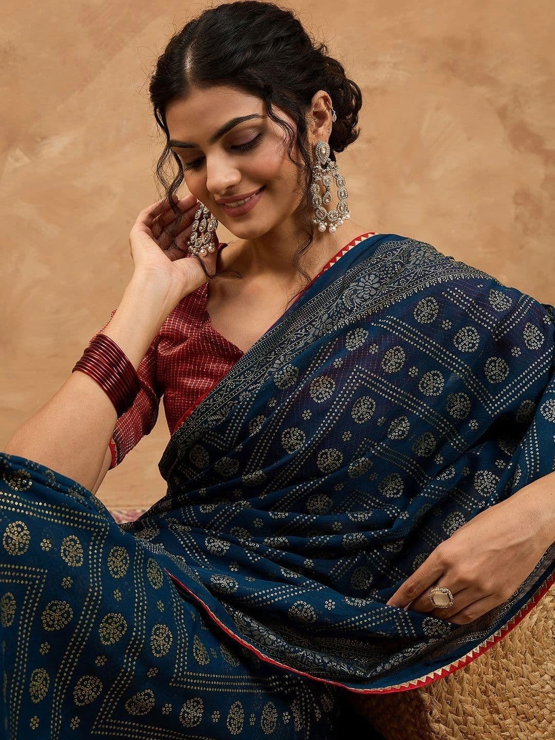Sangria Embellished Zari Poly Chiffon Designer Bandhani Saree - view 1