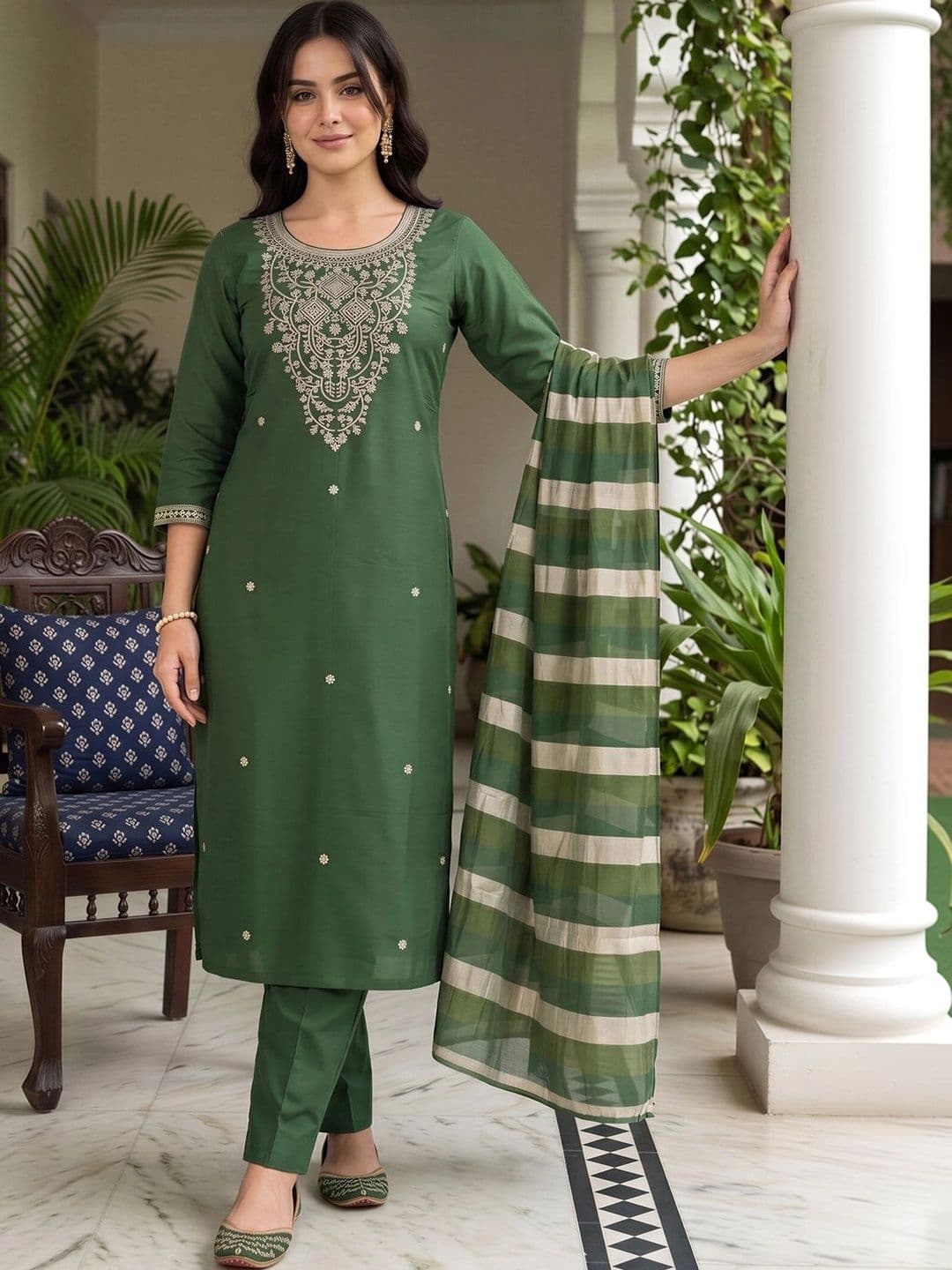 Indo Era Women Ethnic Motifs Embroidered Regular Thread Work Kurta with Trousers & With Dupatta - view 1