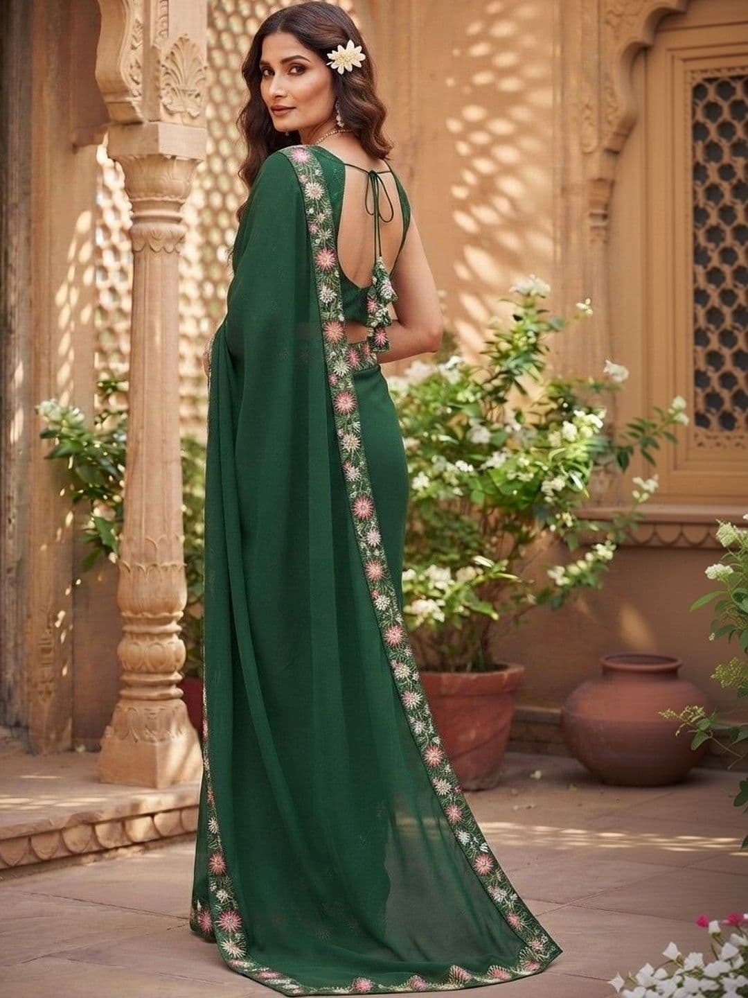 SmileyFashion Floral Art Silk Saree thumbnail 5