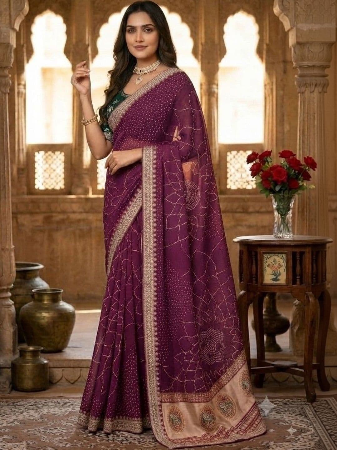 SmileyFashion Bandhani Embroidered Art Silk Designer Saree thumbnail 4