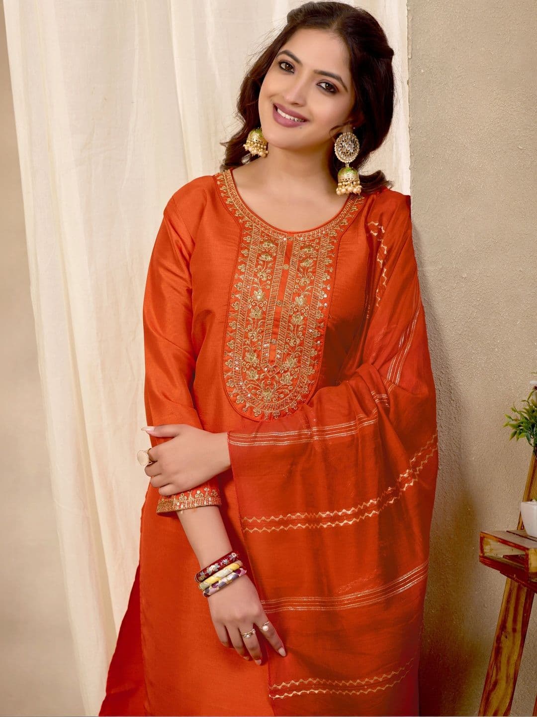 Sangria Women Ethnic Motifs Embroidered Regular Kurta with Trousers & With Dupatta thumbnail 5