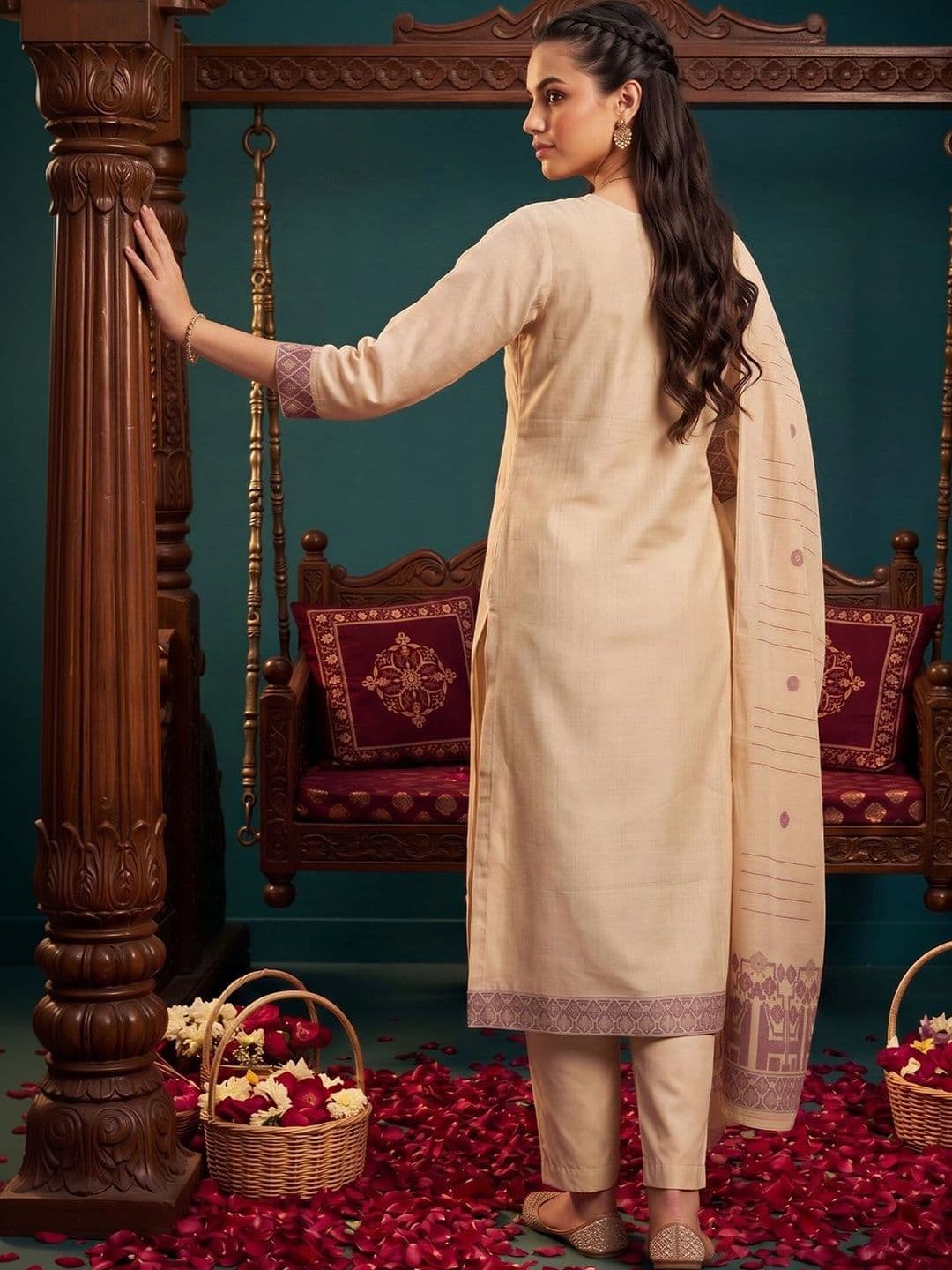 Indo Era Women Ethnic Motifs Embroidered Regular Thread Work Chanderi Silk Kurta with Trousers & With Dupatta thumbnail 2