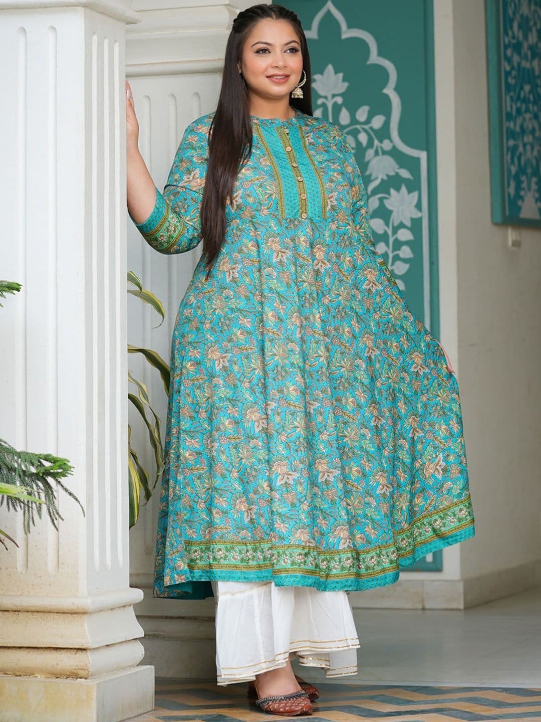 KALINI Plus Size Floral Printed Thread Work Anarkali Kurta thumbnail 4