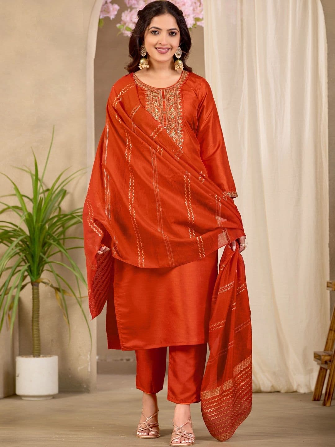 Sangria Women Ethnic Motifs Embroidered Regular Kurta with Trousers & With Dupatta thumbnail 7