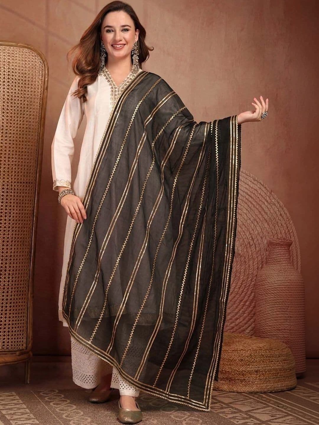 Clora Creation Striped Organza Dupatta with Gotta Patti - view 1