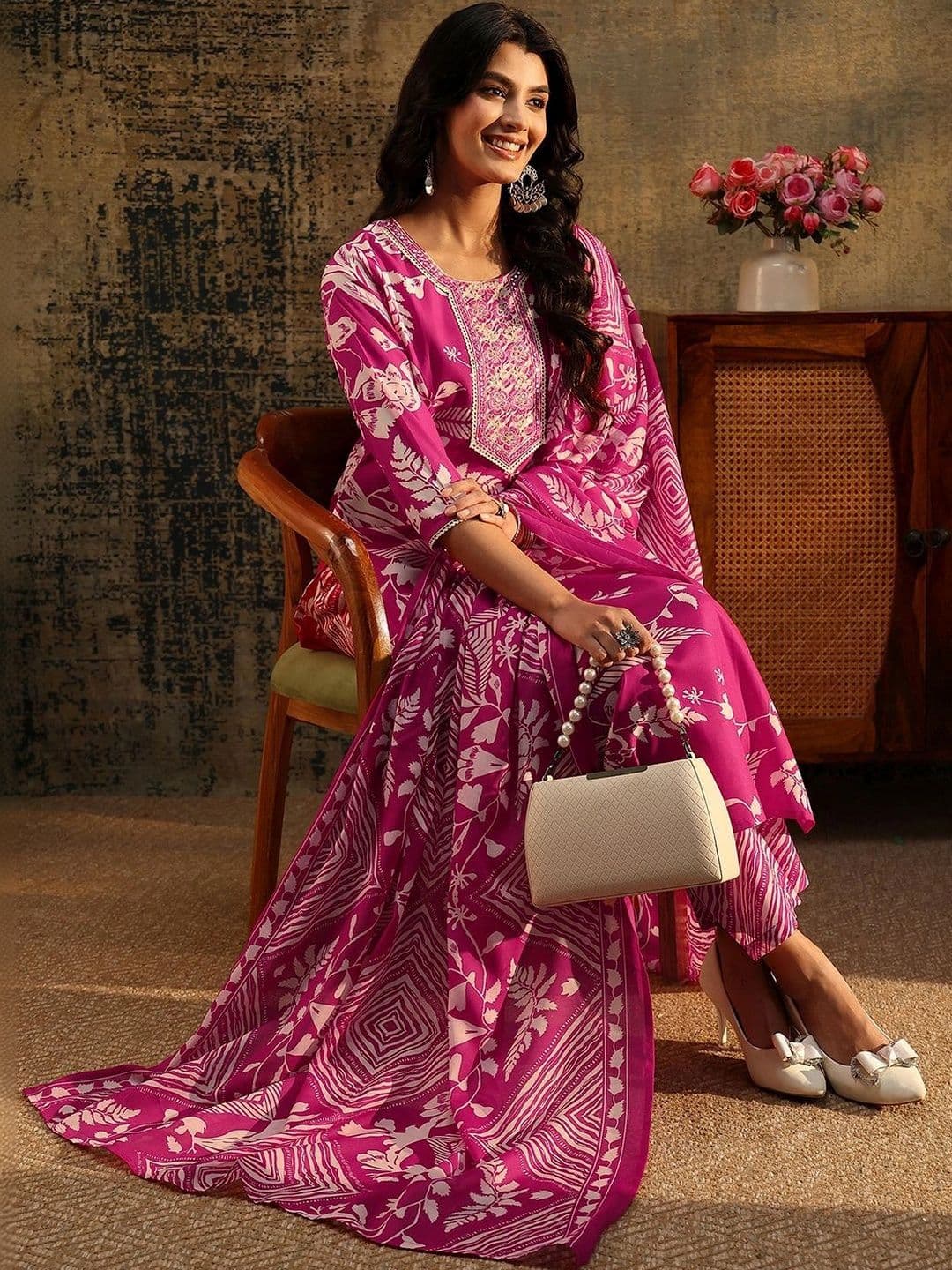 Gerua By Libas Women Ethnic Motifs Printed Regular Thread Work Kurta with Trousers & With Dupatta - view 1