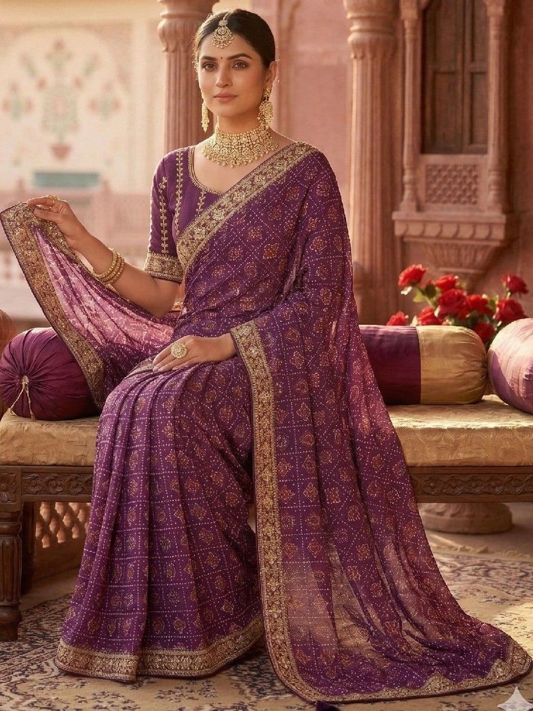 SmileyFashion Bandhani Embroidered Art Silk Designer Bandhani Saree thumbnail 3