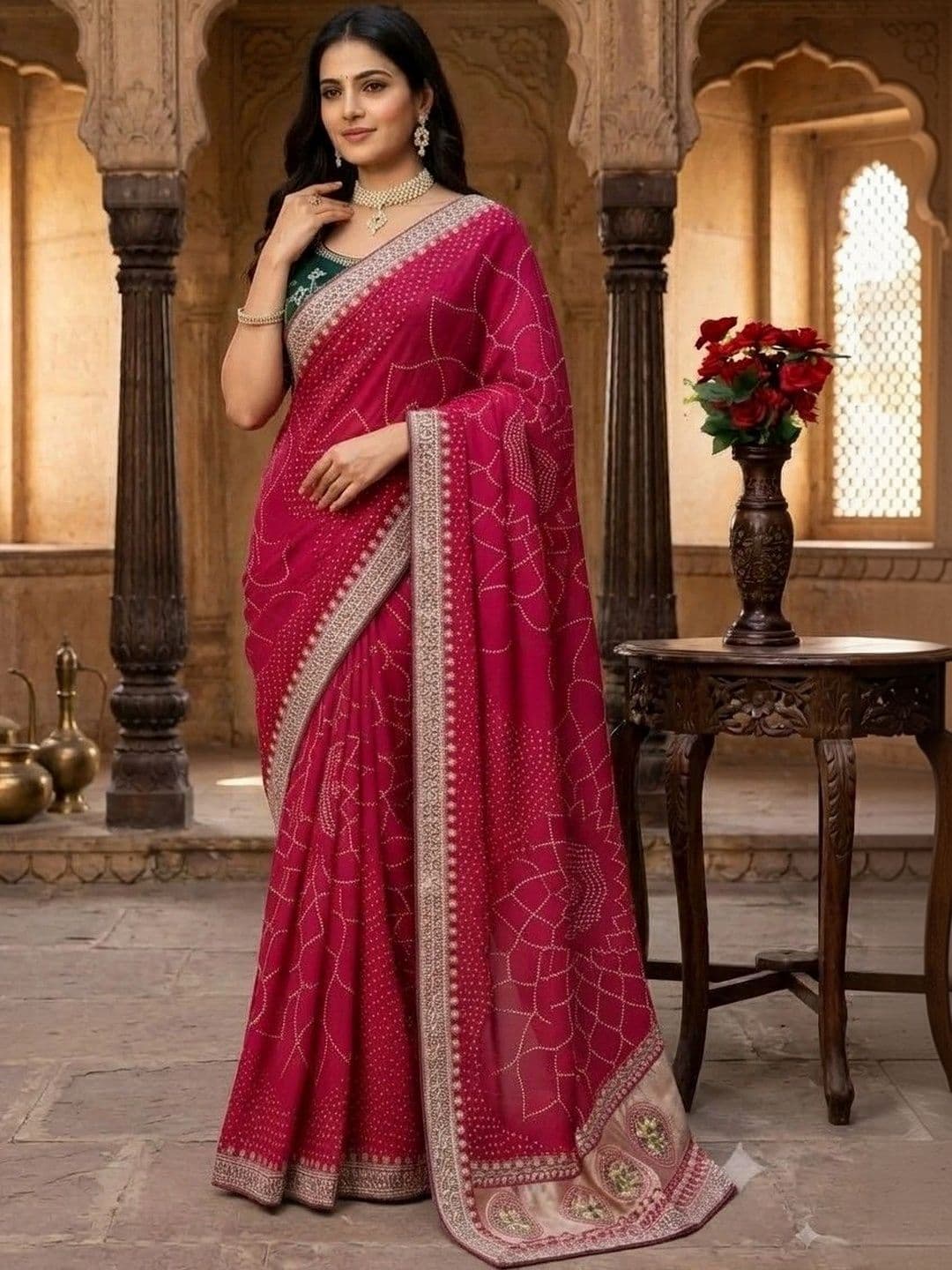 SmileyFashion Bandhani Embroidered Art Silk Designer Saree thumbnail 2