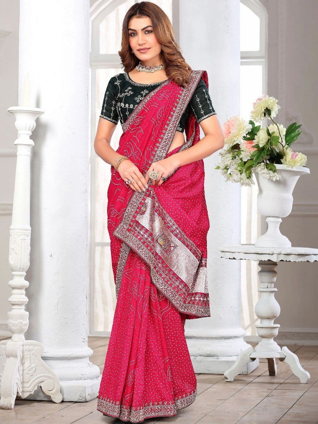 SmileyFashion Bandhani Embroidered Art Silk Designer Saree - view 1