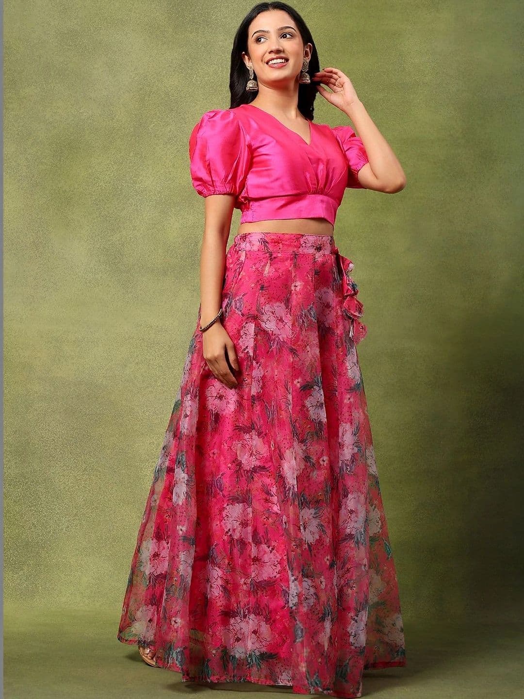 Frolic Rolic Silk V Neck Blouse & Floral Print Organza Maxi Skirt Set thumbnail 6