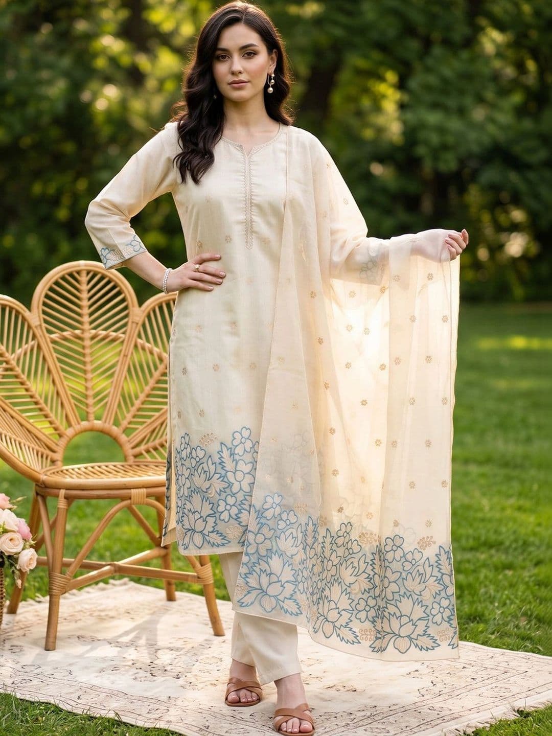 Indo Era Women Ethnic Motifs Embroidered Regular Thread Work Kurta with Trousers & With Dupatta - view 1