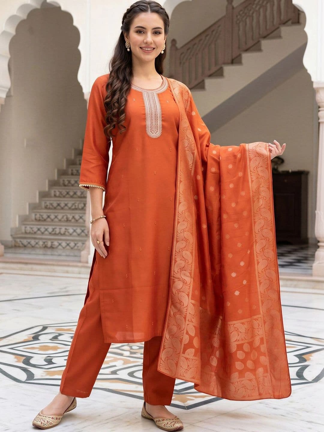 Indo Era Women Ethnic Motifs Embroidered Regular Thread Work Kurta with Trousers & With Dupatta thumbnail 5