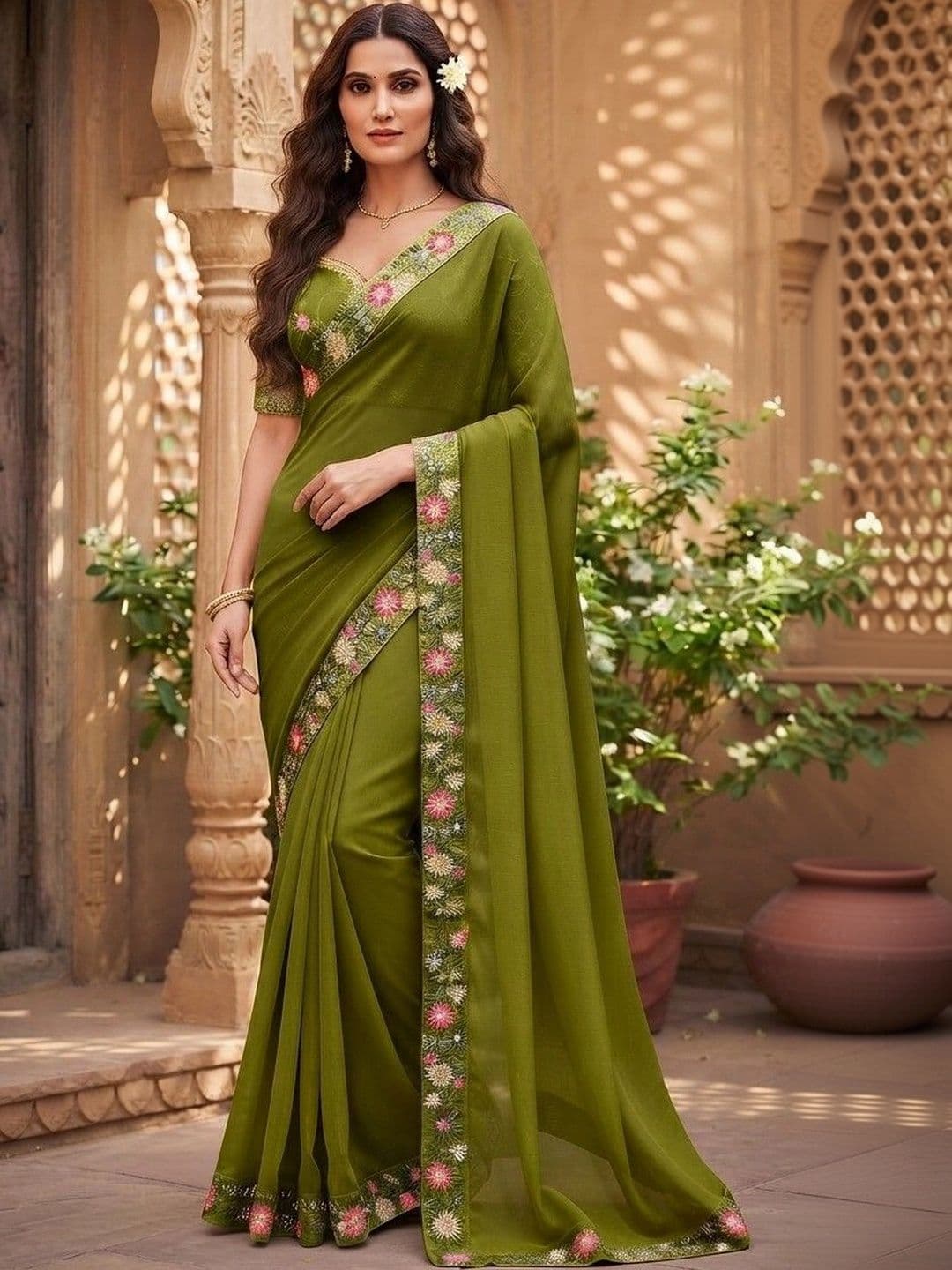 SmileyFashion Floral Embroidered Art Silk Saree - view 1