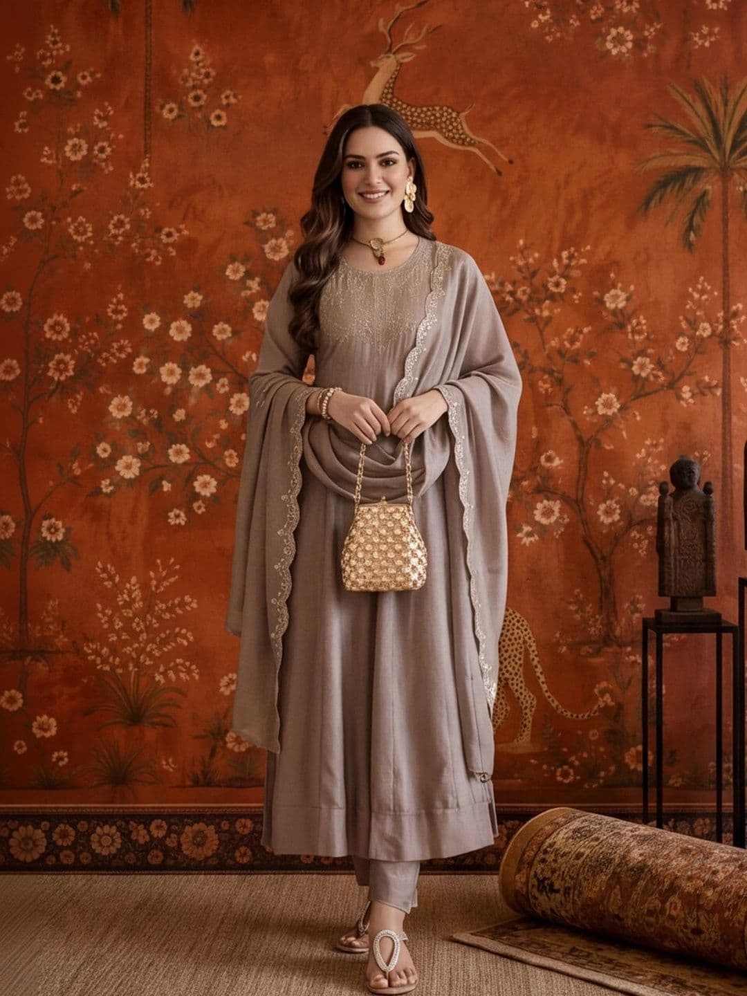 Sangria Women Ethnic Motifs Embroidered Regular Thread Work Kurta with Trousers & With Dupatta - view 1
