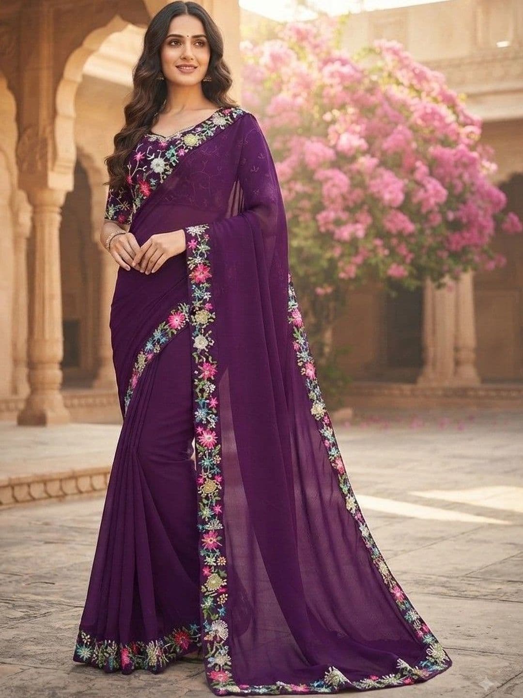 SmileyFashion Floral Embroidered Art Silk Saree - view 1