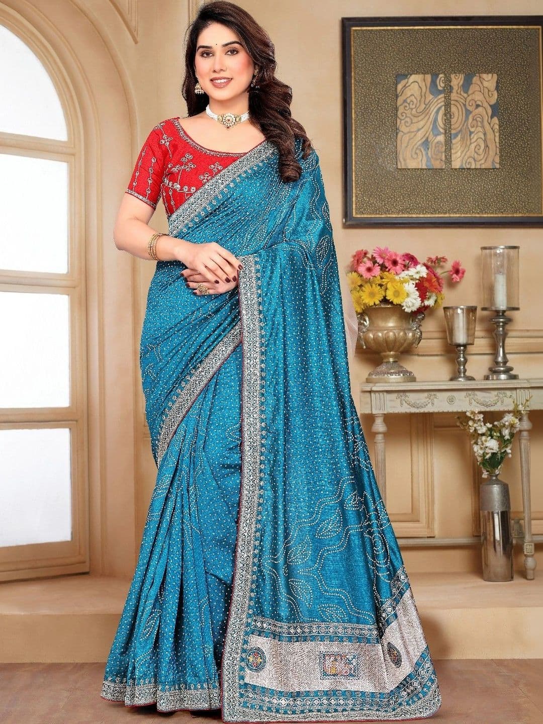 SmileyFashion Bandhani Embroidered Art Silk Designer Saree thumbnail 2