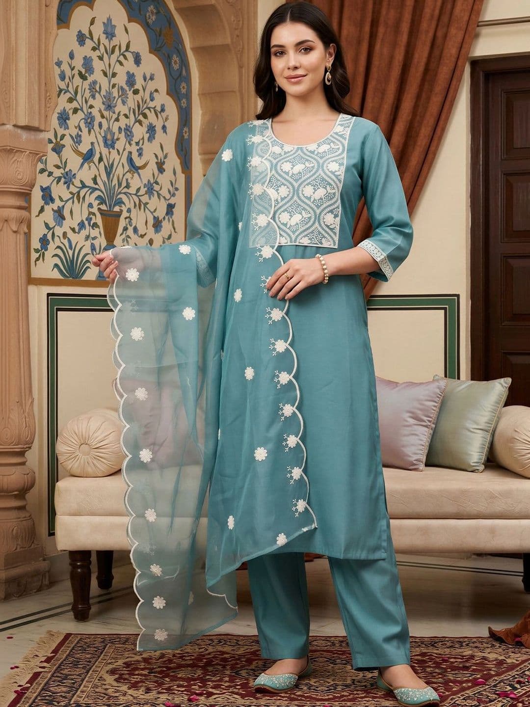 Indo Era Women Ethnic Motifs Embroidered Regular Thread Work Kurta with Trousers & With Dupatta thumbnail 3