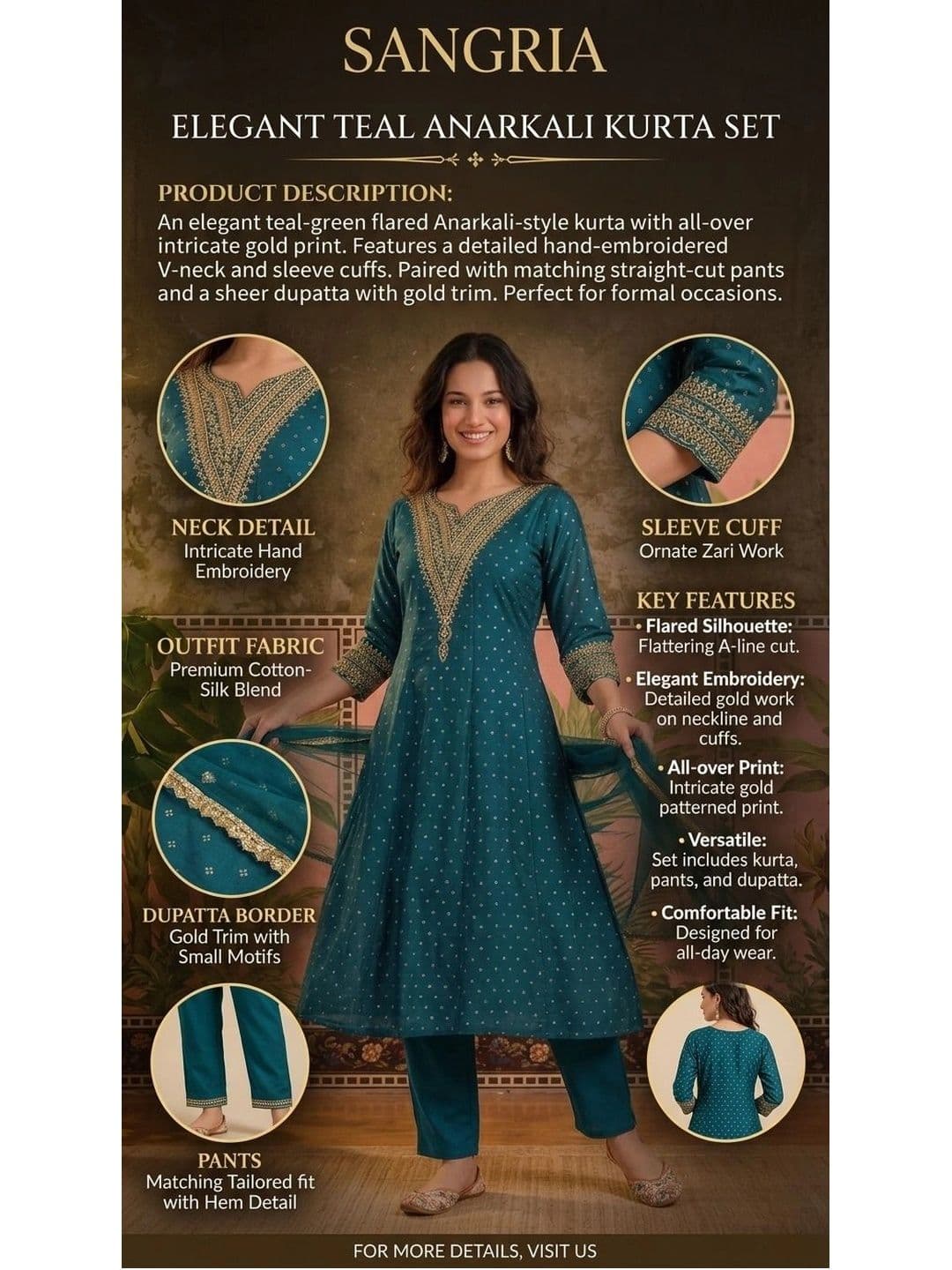 Sangria Women Ethnic Motifs Printed Regular Thread Work Pure Silk Kurta with Trousers & With Dupatta thumbnail 5