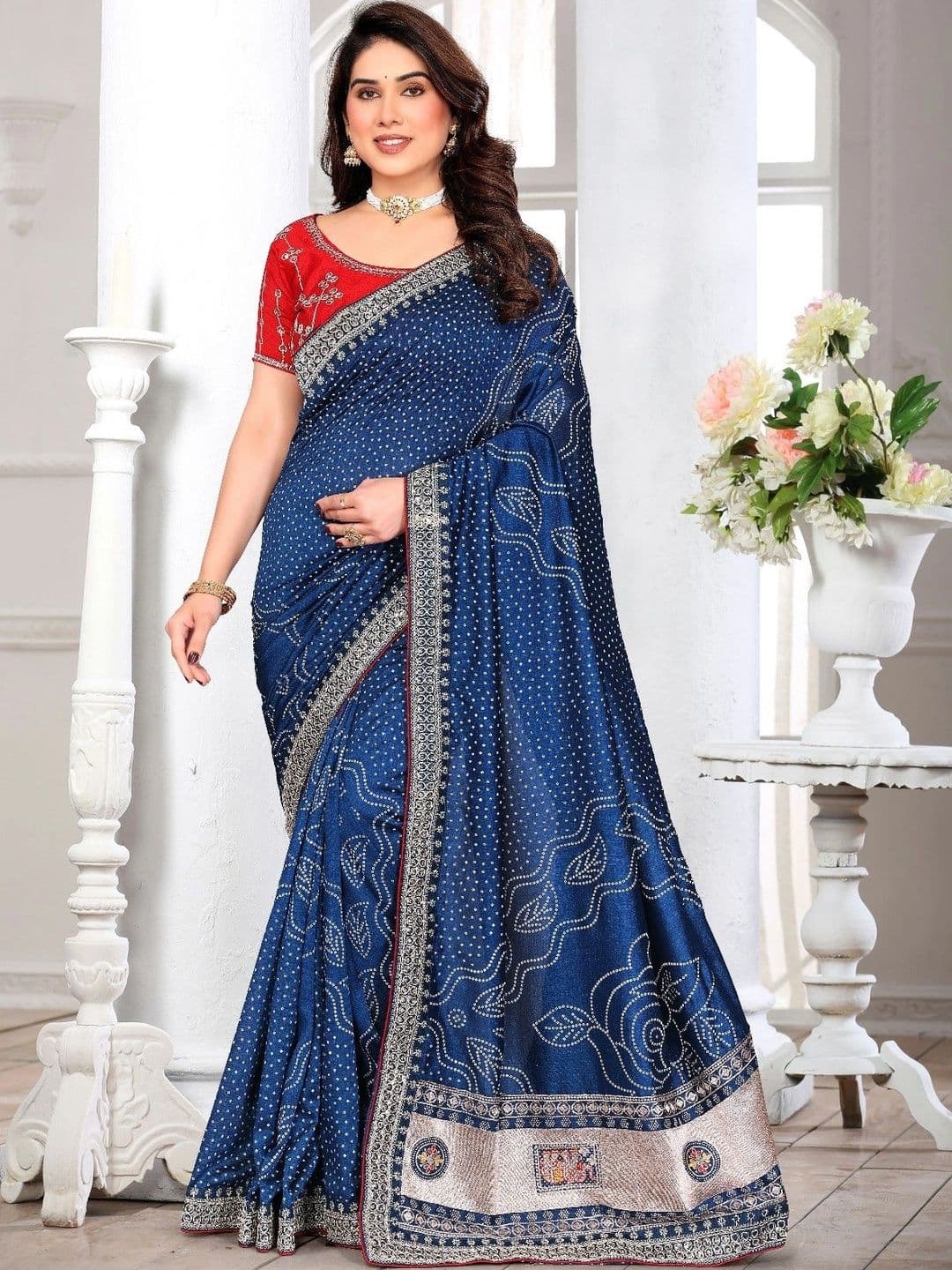 SmileyFashion Bandhani Zari Art Silk Designer Saree thumbnail 4
