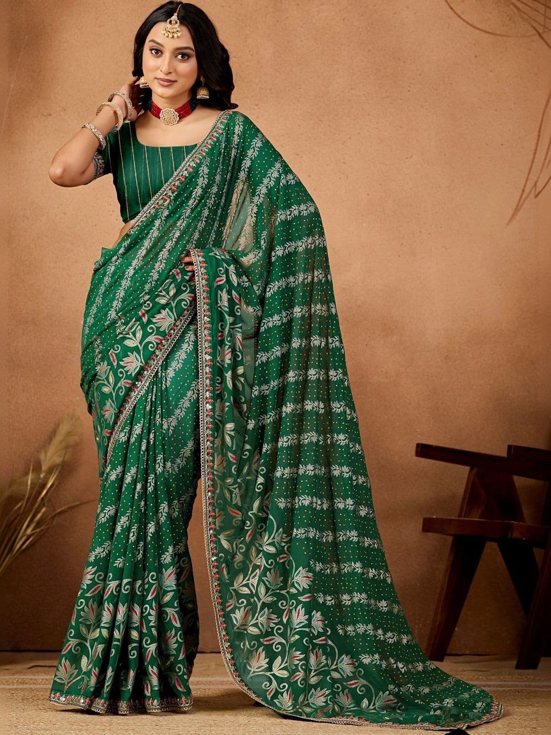 KALINI Floral Embroidered Poly Georgette Designer Bandhani Saree - view 1
