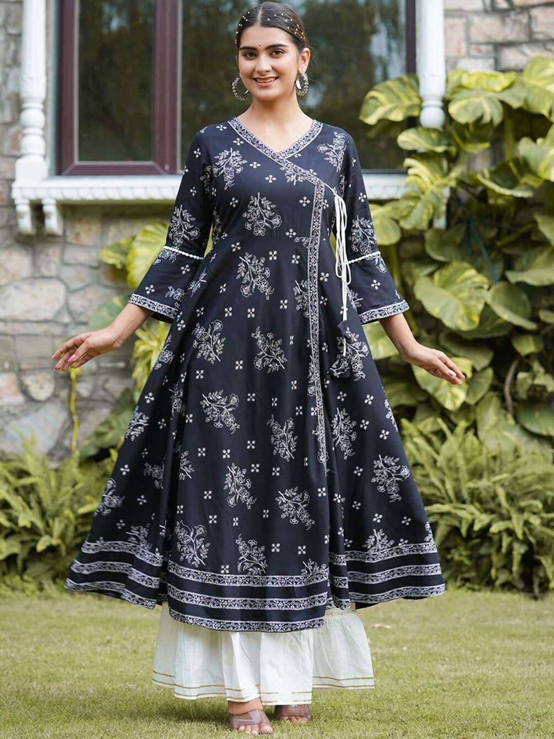 KALINI Floral Printed V-Neck Angrakha Kurta - view 1