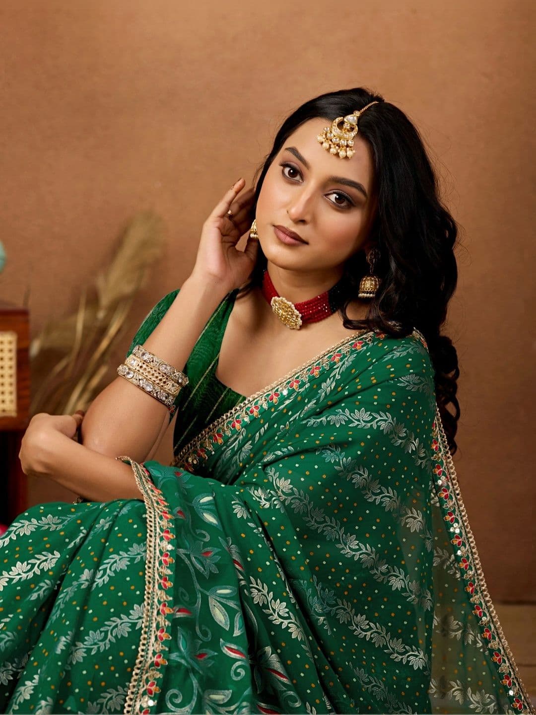 KALINI Floral Gotta Patti Poly Georgette Designer Bandhani Saree thumbnail 5
