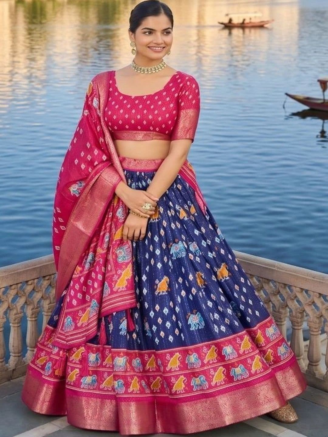 Anouk Ikat Semi-Stitched Lehenga & Unstitched Blouse With Dupatta thumbnail 2