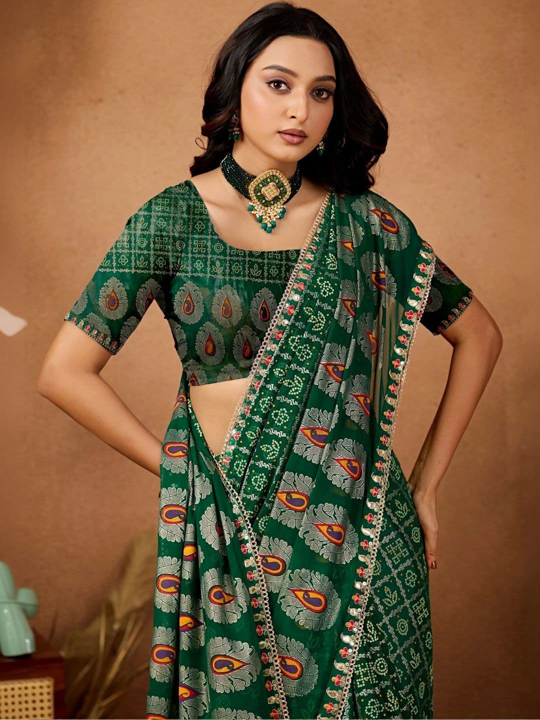 Mitera Bandhani Mirror Work Poly Georgette Designer Bandhani Saree thumbnail 5