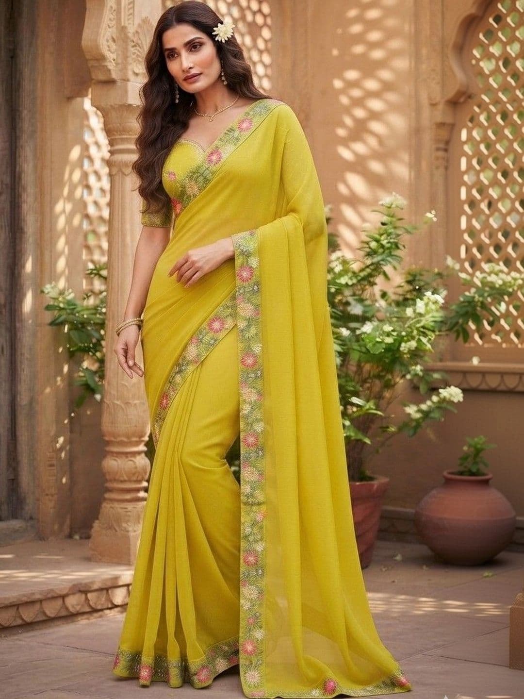 SmileyFashion Floral Embroidered Art Silk Saree - view 1