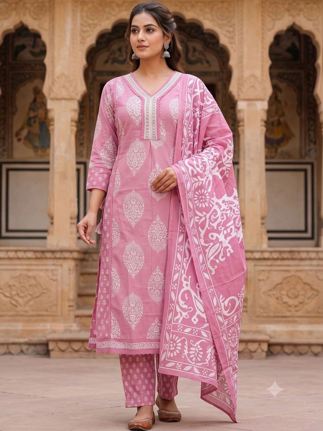 KALINI Women Ethnic Motifs Printed Angrakha Sequinned Pure Cotton Kurta with Trousers & With Dupatta - view 1