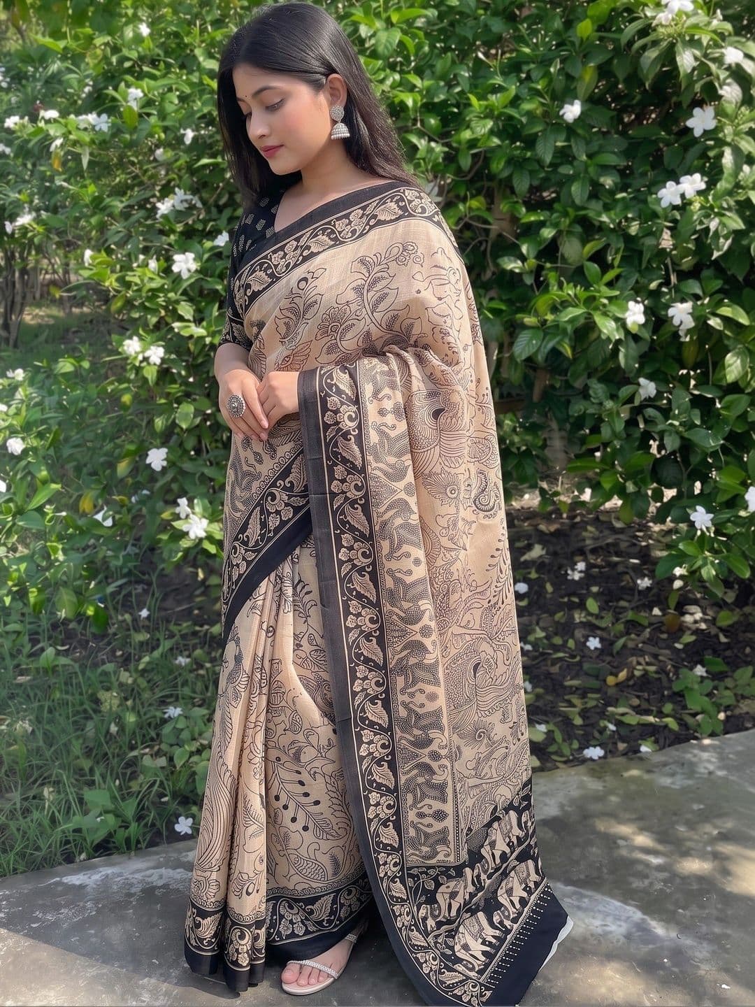 IndianRang Kalamkari Linen Blend Fusion Saree thumbnail 3