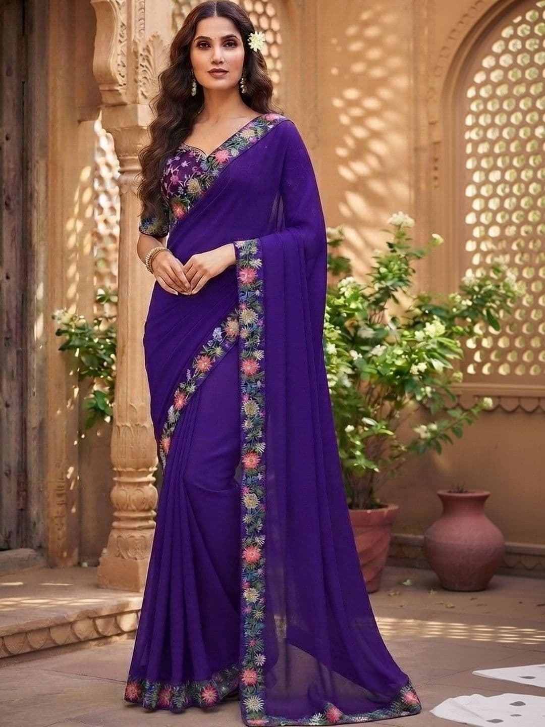 SmileyFashion Floral Art Silk Saree - view 1