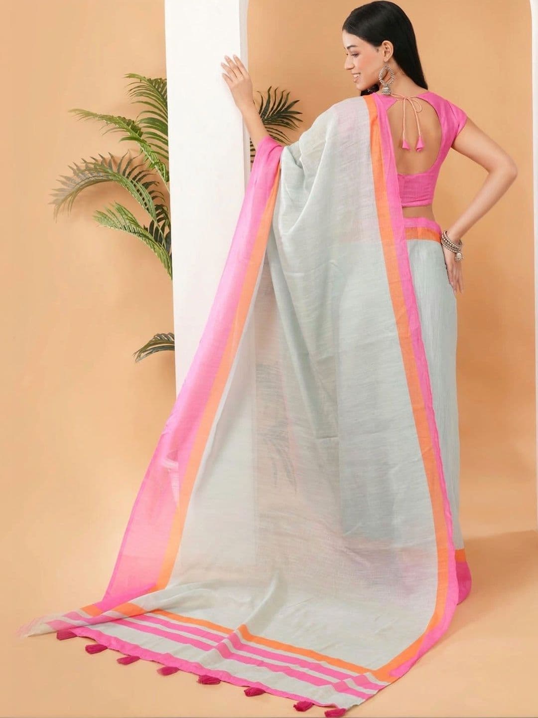 SAMANTHA Striped Linen Blend Belted Saree thumbnail 7
