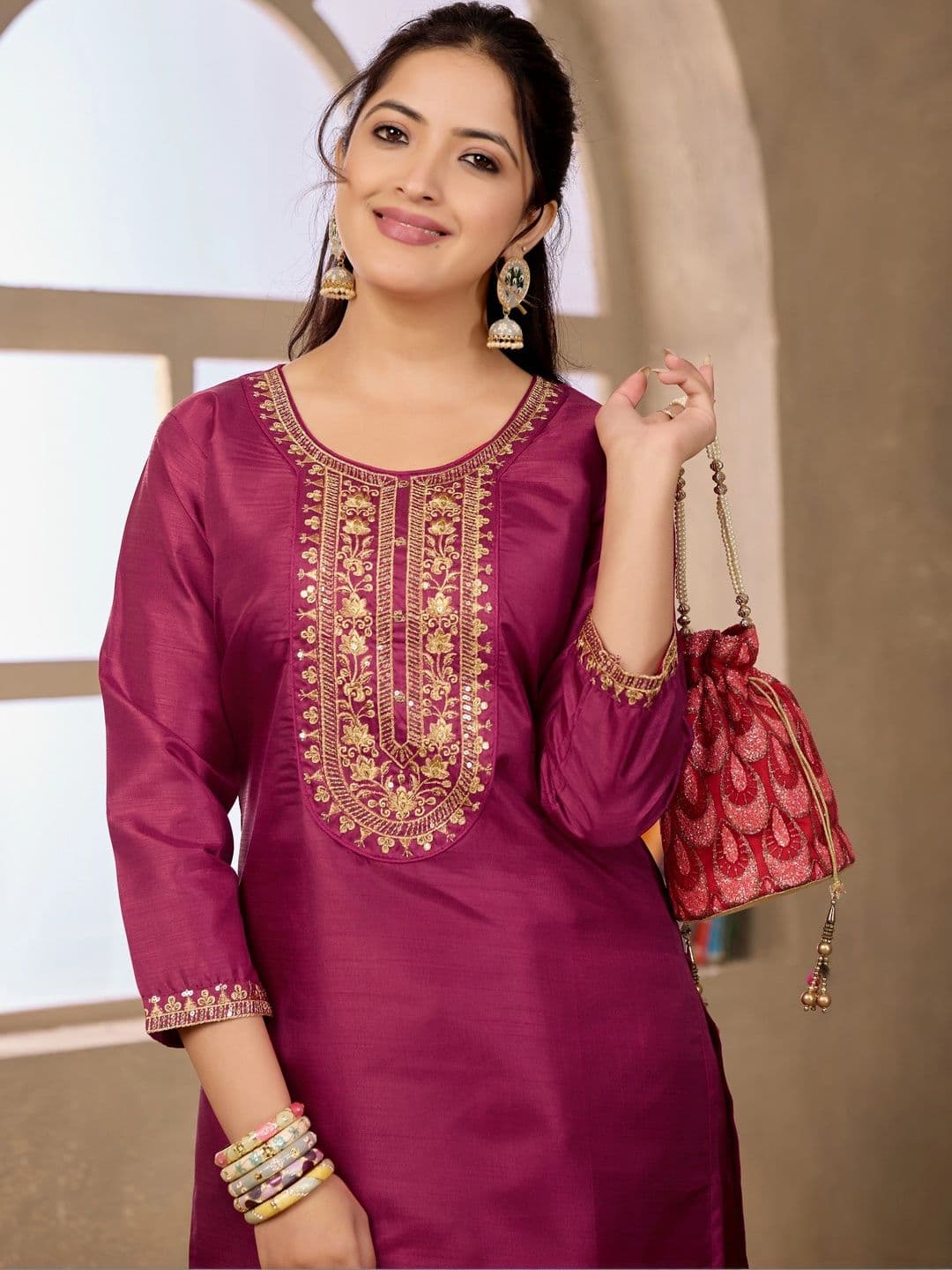 Sangria Embroidered Tunic with Trousers thumbnail 2