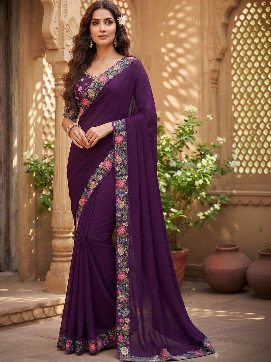 SmileyFashion Floral Embroidered Art Silk Saree thumbnail 3