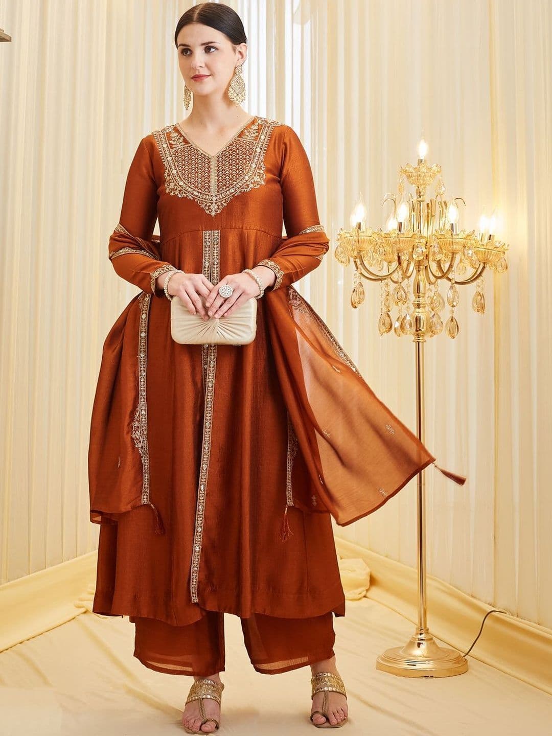 Colors of Earth Colors of Earth Silk Embroidered Anarkali Kurta And Palazzo Set With Dupatta - view 1