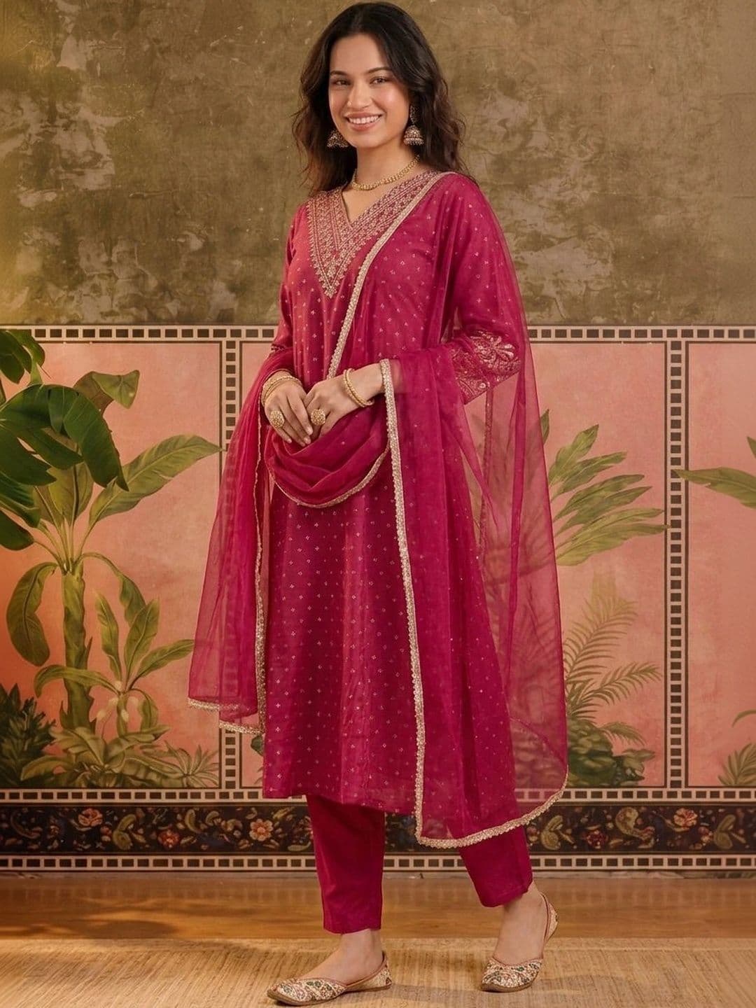 Sangria Women Ethnic Motifs Embroidered Regular Gotta Patti Pure Silk Kurta with Trousers & With Dupatta thumbnail 5