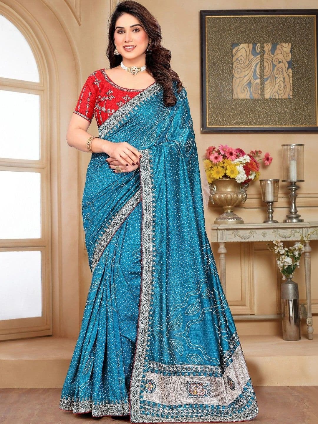 SmileyFashion Bandhani Embroidered Art Silk Designer Saree - view 1